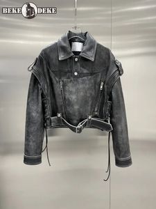Chaqueta de motociclista Vintage de lujo para mujer, 100% Cuero de vaca real, abrigo de diseñador con cordones y cinturón, chaqueta de cuero genuino para espectáculo Punk 240129