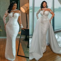 Robe de mariée de luxe pour mariée sirène, grande taille, col transparent, manches longues, dentelle perlée, robes de mariée avec train détachable pour mariage pour femmes noires du Nigeria NW029