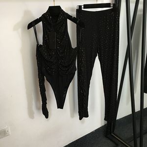 Conjunto de pantalones de legging para mujer, leotardo brillante con diamantes sexys, Tops para el cuerpo, trajes de diseñador de lujo, mallas deportivas negras para gimnasio