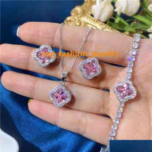 Lujo blanco rosa cristal circón cuatro hojas trébol collar conjunto pendientes tenis pulseras para mujeres joyería al por mayor moda gota de DH0I8