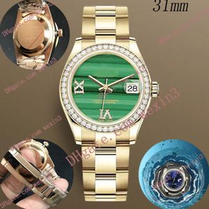 Reloj de lujo para mujer, 31 mm, mecánico, automático, con marco de diamante, pulsera presidencial, esfera grande con rayas verdes en blanco, reloj resistente al agua de acero 2813 de lujo