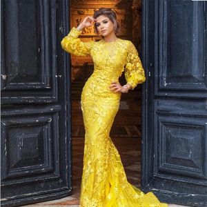 Luxe Jaune Dentelle À Manches Longues Robes De Soirée Sirène 3D Floral Arabe Célébrité Robe De Bal Plus La Taille Occasion Formelle Fête Gonws