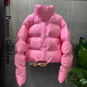LuxuryWomen's Down Parkas Winter Women Bright PU Pink Puffer Jacket Thick Bubble Coat Zipper Glossy Leather Parka Outerwear Stand Collar Loose