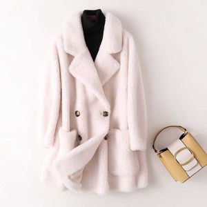 LuxuryWomen's Leather Faux Leather Real Fur Coat High QualityAustralian Womens Natural Wool Coats Thick Warm Elegant Loose Large Size Long Outwear for Women