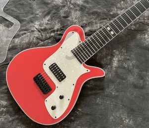 Lvybest Guitarra eléctrica personalizada Diapasón de ébano 8 cuerdas Puente fijo negro Crema Perla Tortuga Golpeador Color rojo sólido Acabado satinado