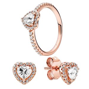 Lxury Rose Gold Stud Pendientes Juego de anillos para Pandora Sparkling Elevated Heart Rings Joyas de diseño para mujeres Crystal Diamond Love Earring con caja original