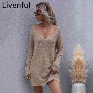 Ly Low-Cut V-Neck Sexy Pull À Manches Longues Tricots Pulls Lâche Femme Bottoming Off-The-Shoulder Dress Jumper Tops 210914