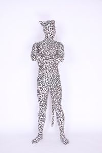 Lycar Spandex disfraces de Catsuit para niños disfraz de leopardo blanco Animal Zentai mono de Cosplay de cuerpo completo máscara completa con orejas y cola