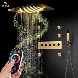 M Boenn Juego de grifos de ducha dorados Sistemas mezcladores termostáticos inteligentes para baño Techo oculto moderno Panel de ducha musical LED Spa Funciones múltiples Cabezal de ducha tipo lluvia