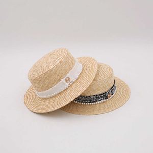 m Label Pearl Patch Petit Parfum Haut de Gamme Femme French Flat Rim Panama Straw Knitted Top Hat