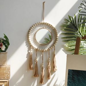 Macrame Mirror de pared Beads Medores de madera Mirrores decorativos Boho Decoración del hogar Desfacción Arte de pared estética para sala de estar dormitorio 240417