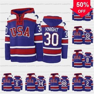 Mag A3740 Custom USA Hockey Team Lace-Up Relate Hoodie 34 Auston Matthews 6 Jack Hughes 88 Patrick Kane 30 Spencer Knight 32 Jonathan Quick 2 Brian