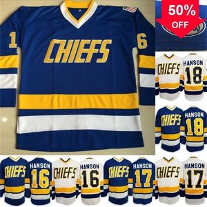 Mag Mit Charlestown Jersey Hommes Hanson Brother Slap Shot 16 17 18 HANSON Film Hockey Jersey Pas Cher Expédition Rapide Bleu Blanc S-3XL