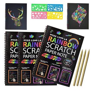 Magic Scratch Art Book Rainbow Scratch Cuaderno de papel con lápiz óptico de madera Tableros de notas para niños Fiesta de Navidad Juego de cumpleaños Regalo 10.3X7.5 pulgadas