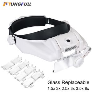 Magnifying Glasses LED Headband Magnifier Hands Free Magnifying Glasses For Jewelry Loupe Watch Electronic Repair 1.5x2x2.5x3x3.5x8x Lens Loupe 230809