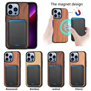 Fundas magnéticas Magsafe Cereza Nogal Madera de bambú Grano de palisandro Tarjetero de cuero desmontable Funda a prueba de golpes para iPhone 14 13 12 11 Pro Max Mini X Xs XR 7 8 Plus 6S SE