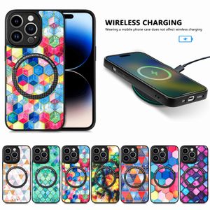 Magsafe Phone Cases for iPhone 15 14 13 12 11 Pro Max XR XS X Plus Wireless Charging Magnetic Car-mounted Colorful Painting PU Leather Shockproof Protective Case
