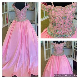 Major Beading Girl Pageant Dress 2024 Pink Taffeta Little Kid Birthday Formal Party Gown Infant Toddler Teens Preteen Tiny Young Junior Miss Off-Shoulder Strap roise