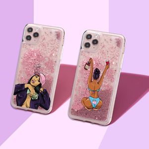 GAGNER DE L'ARGENT Cash Black head Girls Sparkle Liquid Glitter Phone Case Fundas Cover pour iPhone 11 12 Mini X XS XR Max Pro 7 7Plus 8Plus 6 Cases