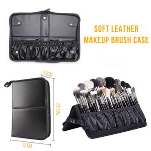 Makeup Brush Bag Organizer Soft PU Leather Makeup Brush Holder Foldable Travel Brush Case Portable Zippered Handbag Waterproof Cosmetic Bag for Women Men Artist