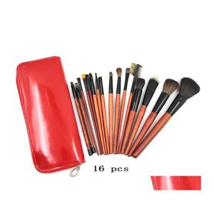 Pinceles de maquillaje 16 piezas Set Bolso de cuero cepillado rojo Venta al por mayor de alto grado Kit de cepillo profesional Entrega de gota Herramientas de belleza de salud Acces Dhlas