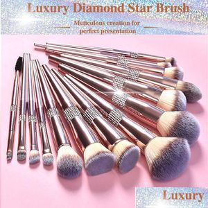 Pinceaux de maquillage Glitter Crystal Set 14Pcs Premium Cosmetic Kit Bling Strass Rose Gold Brush Foundation Eye Face Make Up Drop Deli Dhgof