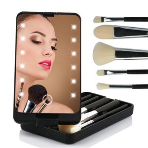 Miroir de maquillage lumière LED avec 5 pinceaux étui organisateur pliable Portable écran tactile LED miroirs brosses boîte de rangement outils cosmétiques de voyage