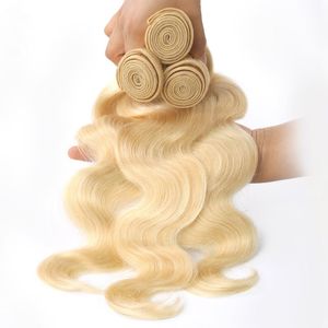Productos de cabello humano 100% de Malasia 613 Color rubio 3 paquetes Onda corporal Tres piezas Tramas dobles Tejidos corporales