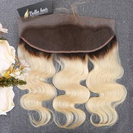 Bella Hair Ombre 1b/613 Lace Frontal avec racines foncées, 13 x 4 d'une oreille à l'autre, cheveux humains vierges, lisses, ondulés, pré-épilés avec ligne de cheveux naturelle.
