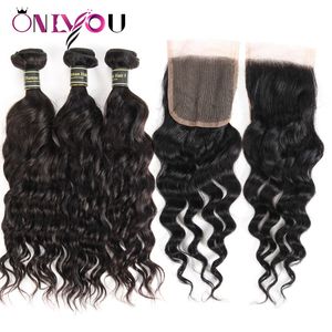 Bundles de cheveux de vague d'eau de fermeture de tissage de cheveux humains malaisiens avec fermeture Couleur noire Wet and Wavy Natural Wave Hair Extensions Factory Deal