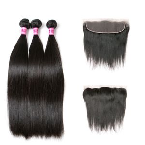 Mèches malaisiennes naturelles Remy lisses, cheveux lisses, 13x4, avec Closure, partie libre, naturel/noir de jais, 3 lots