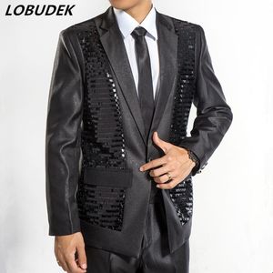 Noir Blanc Paillettes Costumes Pour Hommes Mode Slim Blazers Pantalon Ensemble Bal De Mariage Vêtements Mâle Hôte Chanteur Performance Costume Studio Robe Complète