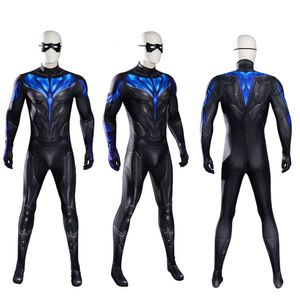 Disfraz de Nightwing azul y negro para hombre, disfraz de Cosplay de pene, mono de LICRA con estampado 3d, traje Zentai con máscara de ojos, cosplay