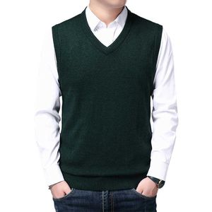 Chaleco de Cachemira para hombre, suéter informal sin mangas de Color sólido con cuello en V, ropa de punto para hombre, jersey Y0907