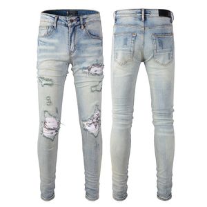 Homme Jeans Genou Déchiré Pour Les Gars Denim Mens Skinny Biker Slim Fit Bleu Clair Endommagé En Détresse Rue Longue Droite Fermeture Éclair Stretch Moto Patchs D'impression