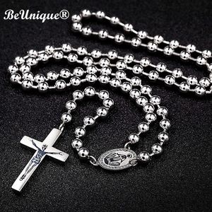 Rosario católico de acero de lujo para hombre, collar con dije cruzado, pieza central colgante, conectores, artículos religiosos de Navidad 210621