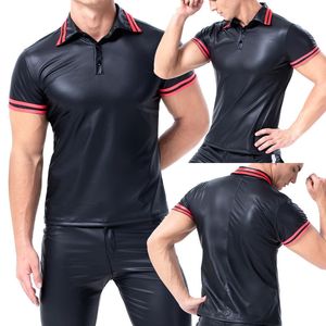 Sous-vêtements pour hommes en cuir PU à manches courtes T-Shrits Singlet Hommes Noir Fitness Streetwear Party Clubwear Ropa Sexy Hombre Chemises 201009