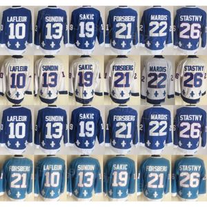 Homme Vintage Hockey 26 Peter Stastny Jerseys 10 Guy Lafleur 22 Marois 13 Mats Sundin 19 Joe Sakic 21 Peter Forsberg Rétro Broderie Classique CCM Respirant Retraite Haut