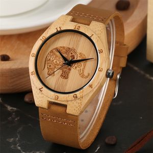 Relojes Mandala de madera estilo bohemio para hombre y mujer, exquisito reloj de pulsera de bambú con grabado de elefante tailandés, reloj para hombre, regalos de navidad