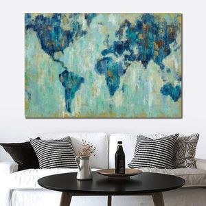 Mapa del mundo Pintura al óleo abstracta hecha a mano sobre lienzo con textura para el arte de la pared de la sala de estar