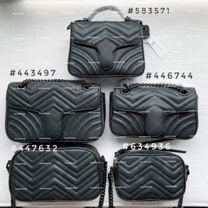 Marmont Mini Top Handle Bag Black Matelasse Chevron Leather con hardware negro y forro de lino de algodón Lady Designer Vintage Camera Bags