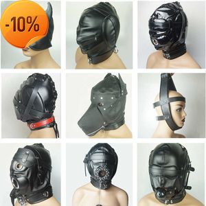 Masaje Bondage Full Hood Mask BDSM Juguetes sexuales para parejas Arnés de cuero esclavo Acolchado Gimp Dildo / Ring / Ball Gag Blindfold