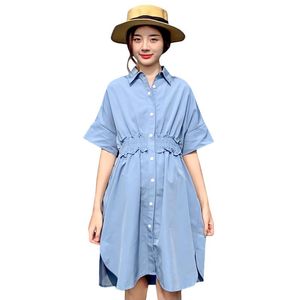 Robes de maternité vêtements bleus pour l'été col rabattu mode robe en mousseline de soie grande taille taille mince femmes enceintes chemises chemisier ample
