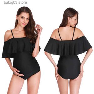 Maternité Maillots De Bain Maternité Maillots De Bain D'été Solide Volant Bikinis Hors Épaule Une Pièce Halter Grande Taille Maillot De Bain Enceinte Beachwear Femme Bodys T230607