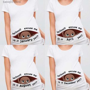 Maternity Tops Tees Excuse Me Is It January Yet 12 Monthes Summer Maternity Pregnancy T Shirt Women Tee Black Baby Print Pregnant Clothes T230523
