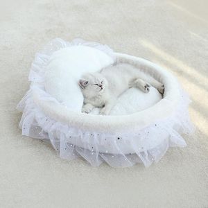 Esteras redondas para cama de gato, casa de encaje suave, alfombra para gato de princesa, ropa de cama, perreras, cojín tipo nido, cojín para sofá para mascotas, suministros portátiles para dormir para mascotas