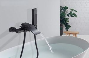 Robinet de baignoire de salle de bains noir mat, bec de cascade à poignée unique avec douchette à main, robinet mitigeur d'eau froide, robinet de bain mural 1473115