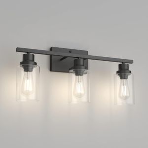 Luminaires de salle de bain noir mat, éclairage de salle de bain industriel à 3 lumières avec abat-jour en verre transparent