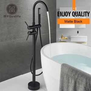 Matte Black Flourle Bathtub Faucet Set Dual Cerámica Manija Suelo Montado Claw Bañera Bañera Mezcladores Swive Spout Tub Faucet T200710