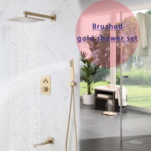 Juego completo de ducha de oro cepillado mate Sistema de baño moderno Montado en la pared Cabezal de ducha de 12 pulgadas Mezclador de válvula de botón pulsador termostático Fau2719